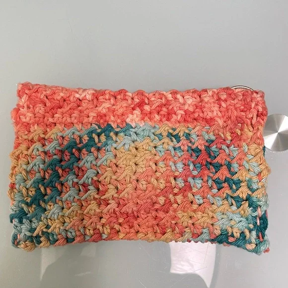 New Handcrafted joyful Multicolor Crochet hand knit Clutch pouch coral teal - Picture 5 of 9